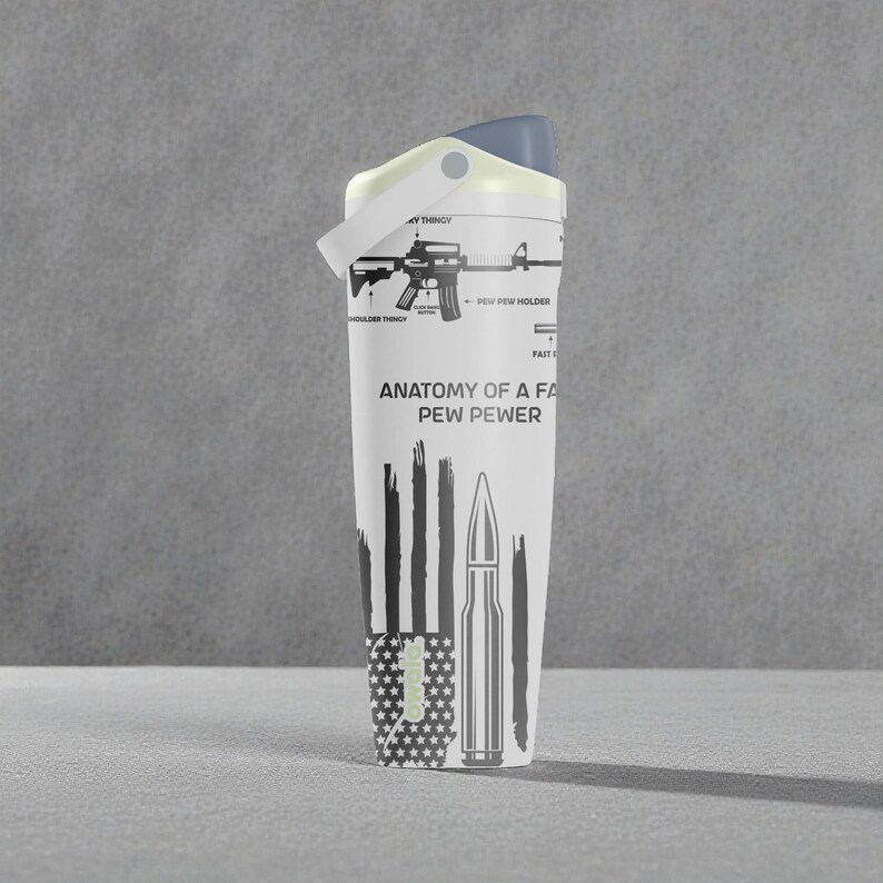 May include: A white water bottle with a gray lid and handle. The bottle features a graphic of a rifle with the text "ANATOMY OF A FA PEW PEWER" and a bullet illustration. The bottom has a flag design.