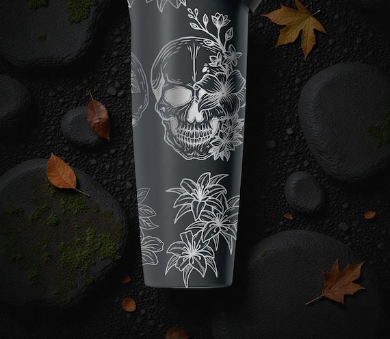 Engraved Skull & Flowers Owala Sway Bottle – 30oz 40oz – Gothic