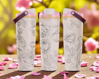 Gegraveerde Rose Line Art Sway-fles – 30 oz 40 oz – Daybreak – elegante bloemencadeau