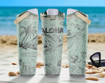 Butelka Owala Sway z grawerunkiem Aloha Beach – wzór tropikalnej surfingu – kubek ze stali nierdzewnej o pojemności 30 uncji i 40 uncji