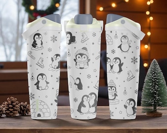 Engraved Penguins Owala Sway Bottle – 30oz 40oz – Cute Winter Tumbler – Ice Skating Penguin Gift
