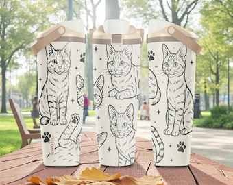 Cat Engraved Owala Sway Bottle – Cute Kitty Line Art Wrap – 30oz 40oz Stainless Steel