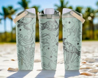 Engraved Sea Turtle and Octopus Owala Sway Bottle – 30oz 40oz – Eucalyptus – Ocean Lover Gift