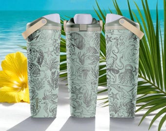Engraved Ocean Creatures Owala Sway Bottle – 30oz 40oz – Sea Life Eucalyptus Tumbler with Fish, Turtles, Jellyfish, Coral