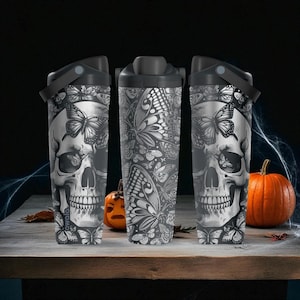 Engraved Skull and Butterflies Bottle – 30oz 40oz – Black – Gothic Halloween Tumbler Gift