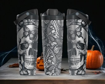 Botella con calavera y mariposas grabadas (30 oz y 40 oz), color negro, ideal como regalo de Halloween gótico.