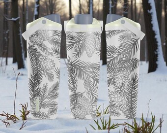 May include: Three white insulated water bottles featuring a repeating grey line art pattern of pine branches and pinecones. Each bottle has a light-coloured lid with a grey flip-top spout and a white carrying handle, displayed in a vertical orientation.