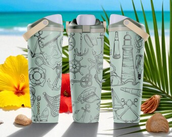 Engraved Nautical Theme Owala Sway Bottle – 30oz 40oz – Eucalyptus – Ocean Sailing Design Cup