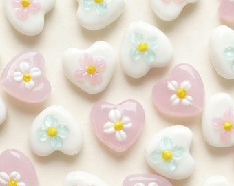 Handmade Lampwork Heart Beads Floral Glass Beads 16mm Artisan Jewelry Making Supplies