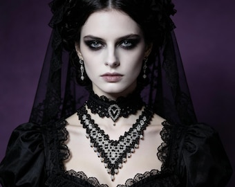Victorian Gothic Bib Necklace Handmade Crystal Miyuki Beadwork For Vampire Duchess