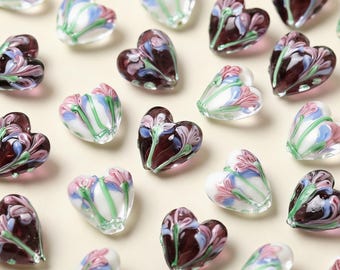 Handmade Lampwork Glass Heart Beads, Floral Heart  for DIY Jewelry Making Supplies, Artisan Bead 20.5mm 1pc