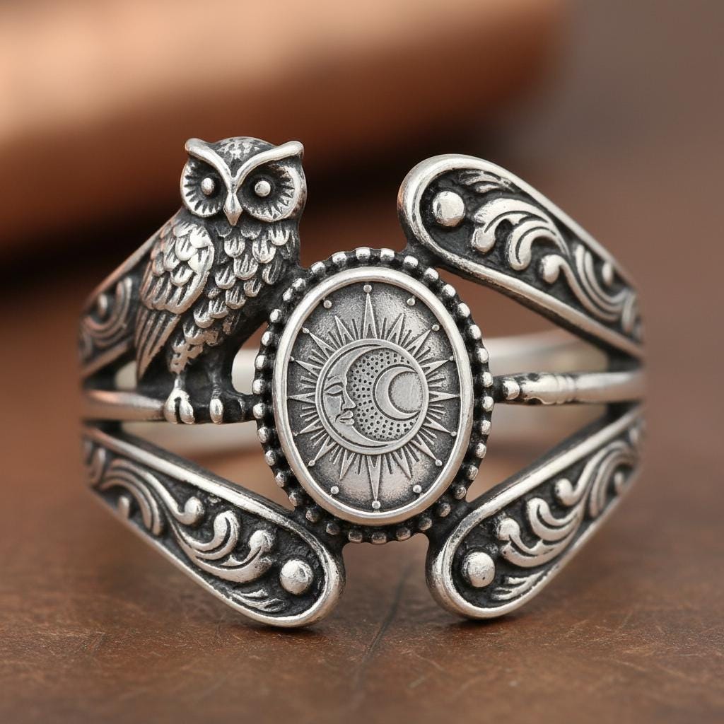 Sterling Silver Owl Sun Moon Statement Ring, Boho Celestial Vintage Jewelry