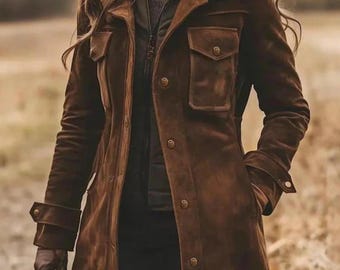 ヴィンテージスタイルのブラウンフェイクレザートレンチコート