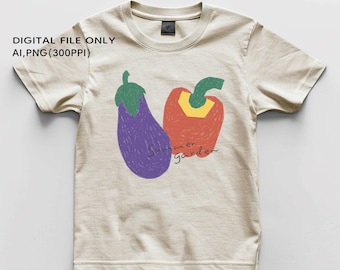 Retro Kinder Bekleidung PNG AI, Sommer Garten Gemüse, Siebdruck Design, Vintage Wachsmaler Textur, Aubergine und Paprika Digital Download
