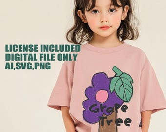 Siebdruck Traubenbaum Design | KI SVG PNG | Retro Crayon Style Grafik für Bekleidung