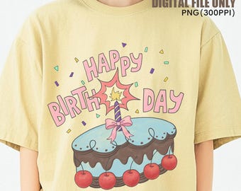 Vintage Geburtstagkuchen PNG, Bday Mädchen Sublimation Png, Kirsch Geburtstag Shirt Design, Adrette Geburtstagskind PNG, Handgezeichnete Ästhetik