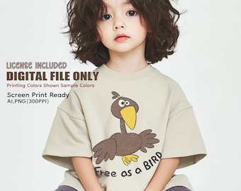 Lustiger Vogel Buntstift Textur Siebdruckdesign, Kinder T-Shirt Illustration, Geschichtete AI & PNG Digital Download, Retro Kinderbekleidung Kunst