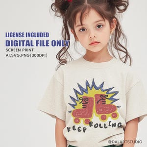 Retro Kids T-shirt Design for Screen Printing, Hand Drawn Style Roller Skates SVG PNG AI, Digital Download for Small Business