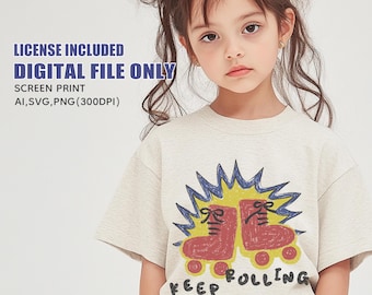 Retro Kinder T-shirt Design für Siebdruck, Hand gezeichneter Stil Rollschuhe SVG PNG AI, digitaler Download für kleine Unternehmen