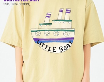 Kleines Boot Sommer T-Shirt Design - PSD & PNG High Res - Handgezeichnete gedämpfte Pastellillustration für den Siebdruck für Kinderkleidung