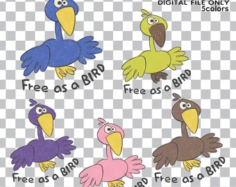 Lustiger Vogel PNG Bundle für Kinder T-Shirts, Digitaler Download, 5 Farben Set + 1 Benutzerdefinierte Farbanfrage, Sublimation & DTG Ready Art