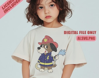 Retro Cartoon Hund Feuerwehrmann T-Shirt Design, Boho Clipart (Ai, svg, Png)