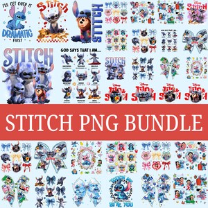 May include: A collection of Stitch-themed PNG graphics. The images feature Stitch in various poses, along with bows, and text like "DRAMATIC FIRST" and "GOD SAYS THAT I AM...". The title "STITCH PNG BUNDLE" is displayed in large, white letters.