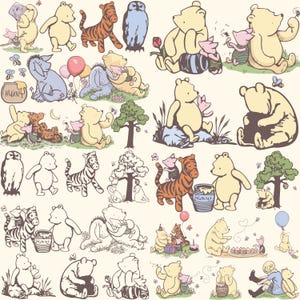 May include: A collection of illustrations featuring Winnie the Pooh and friends. The images include Pooh, Piglet, Tigger, Eeyore, and Owl in various poses and scenes. The color palette is soft, with pastel yellows, blues, and oranges.