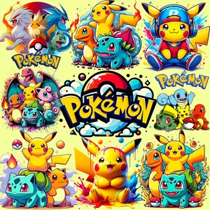 May include: A collection of colorful Pok&eacute;mon character illustrations. The image features various Pok&eacute;mon, including Pikachu, Charmander, Bulbasaur, and others, with the Pok&eacute;mon logo prominently displayed. The artwork has a vibrant, cartoonish style.