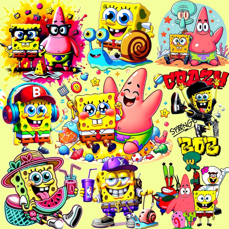 May include: A vibrant collage of cartoon characters, primarily SpongeBob SquarePants and Patrick Star, in various poses and outfits. The artwork features bright colors, including yellow, pink, and blue, with the text "CRAZY SPRING 2023" in a graffiti style.