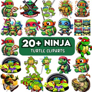 May include: A collection of colorful cartoon ninja turtle clip art images. The images feature the turtles in various poses, some holding pizza, and the text "20+ NINJA TURTLE CLIPARTS".