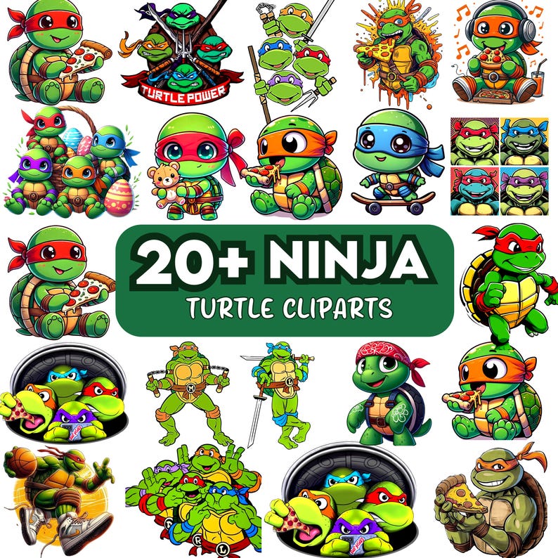 May include: A collection of colorful cartoon ninja turtle clip art images. The images feature the turtles in various poses, some holding pizza, and the text "20+ NINJA TURTLE CLIPARTS".