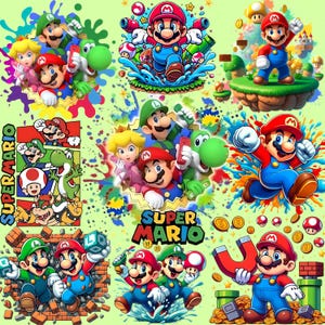 May include: A collection of colorful digital illustrations featuring characters from the Super Mario video game series. The images showcase Mario, Luigi, Princess Peach, and Yoshi in various action poses, with vibrant backgrounds and the "Super Mario" logo.