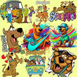 May include: A collection of colorful Scooby-Doo themed graphics. The images feature Scooby-Doo, the Mystery Machine van, and the gang. Some images include the text "Scooby-Doo!" in various fonts and styles. The overall theme is cartoon and animation.