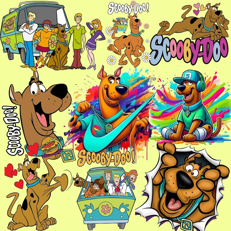 May include: A collection of colorful Scooby-Doo themed graphics. The images feature Scooby-Doo, the Mystery Machine van, and the gang. Some images include the text "Scooby-Doo!" in various fonts and styles. The overall theme is cartoon and animation.