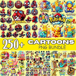 May include: A collection of cartoon PNG images featuring Spider-Man, Pok&eacute;mon characters, SpongeBob SquarePants, Mickey Mouse, and Scooby-Doo. The image includes the text "250+ CARTOONS PNG BUNDLE".