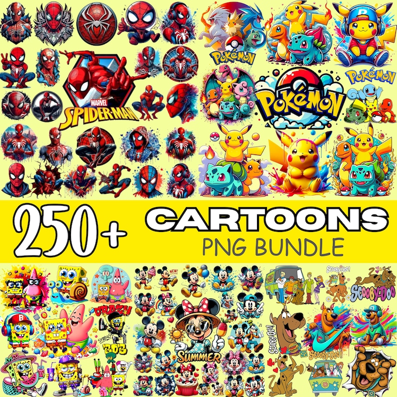May include: A collection of cartoon PNG images featuring Spider-Man, Pok&eacute;mon characters, SpongeBob SquarePants, Mickey Mouse, and Scooby-Doo. The image includes the text "250+ CARTOONS PNG BUNDLE".