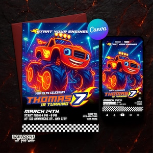 Invitación de cumpleaños de Blaze / Plantilla editable de Canva Evite / Invitación imprimible para fiesta de Monster Truck / Tarjeta de descarga digital instantánea / Niño