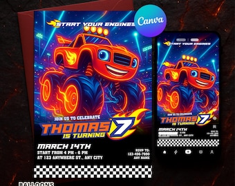 Blaze Birthday Invitation | Editable Canva Template Evite | Printable Monster Truck Party Invite | Instant Digital Download Card | Boy