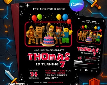 Roblox Birthday Invitation | Editable Gaming Canva Template Evite | Printable Gamer Party Invite | Instant Digital Download Card | Boy Girl