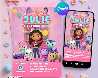 Gabbys Dollhouse Birthday Invitation | Editable Canva Template | Printable Kitty Theme Party Invite Girl | Instant Digital Download Card