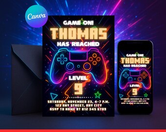 Video Game Birthday Invitation | Editable Gamer Canva Template | Printable Level Up Party Invite | Gaming Bday Boy Instant Digital Download