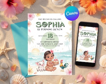 Baby Moana Birthday Invitation | Editable Canva Template Evite | Printable Ocean Theme Party Invite for Girl | Instant Digital Download Card
