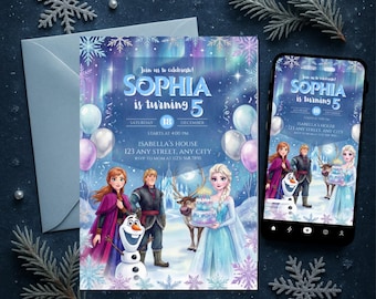 Frozen (Elsa and Anna) Birthday Invitation | Editable Canva Template Evite | Printable Party Invite for Gir | Instant Digital Download Card