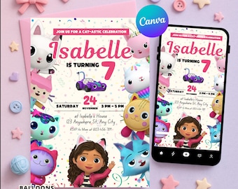 Gabbys Dollhouse Birthday Invitation | Editable Canva Template | Printable Kitty Theme Party Invite Girl | Instant Digital Download Card