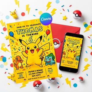 May include: A yellow birthday invitation featuring Pikachu and other Pokémon characters, with the text "Join us to celebrate THOMAS is turning 6." A smartphone displays the same design. The scene includes confetti, decorations, and Poké Balls.