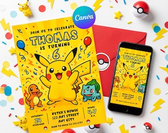Pokemon Birthday Invitation | Editable Canva Template | Printable Pikachu Theme Party Invite | Boy, Girl | Instant Digital Download Card