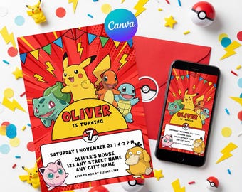 Pokemon Birthday Invitation | Editable Canva Template | Printable Pikachu Theme Party Invite | Boy, Girl | Instant Digital Download Card