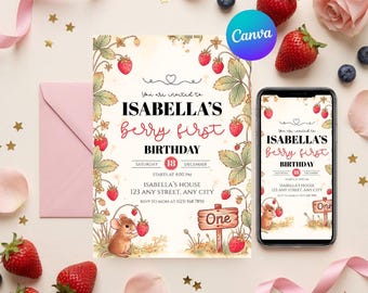 Berry First Birthday Invitation | Editable Canva Template Evite, Printable Strawberry Party Invite, Instant Digital Download, Girl 1st Bday