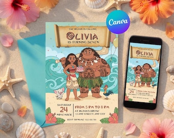 Moana Birthday Invitation | Editable Canva Template Evite | Printable Ocean Theme Party Invite for Girl | Instant Digital Download Card